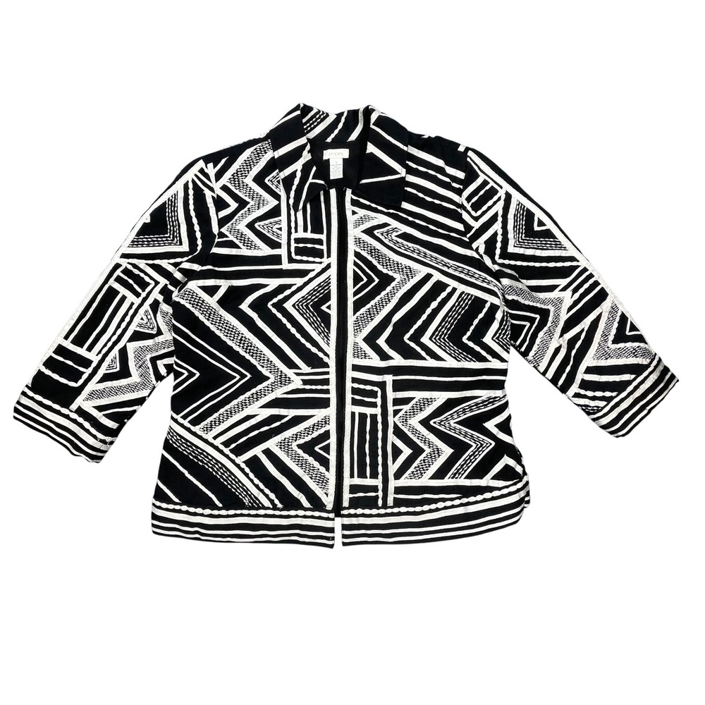 Chico's Black White Geometric Embroidered Open Front Jacket Women Size 1